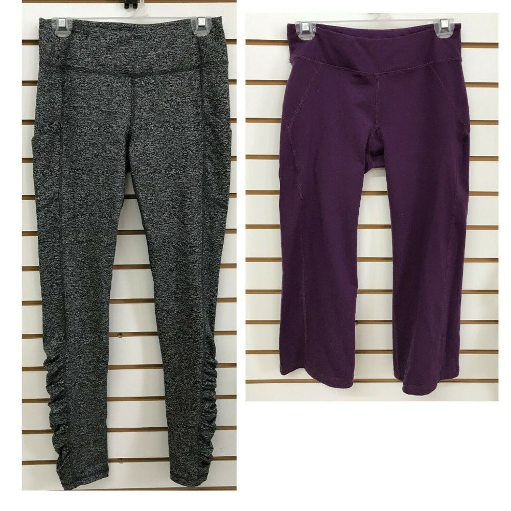TWO One Tooth Activewear Yoga Grey Heather Leggings & Purple Cropped Pants Med